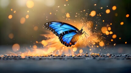 Aufkleber - Mesmerizing fiery butterfly with vibrant blue glowing wings captured in mid flight and surrounded by dynamic bright flames and energy