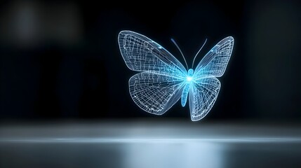 Leinwandbilder - Close up of a mesmerizing blue glowing butterfly with delicate wings hovering in mid air set against a dark backdrop and radiating an ethereal luminous light