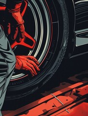 Aufkleber - A mechanic bends down to replace a tire, showcasing hands working diligently in a busy automotive workshop. Generative AI