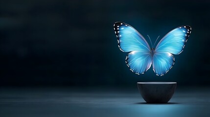Poster - Captivating image of a fiery butterfly with intensely glowing blue wings soaring through a dark dramatic background creating a striking and mesmerizing visual effect