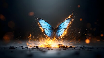 Leinwandbilder - Captivating image of a fiery butterfly with mesmerizing blue glowing wings captured in dynamic motion and surrounded by swirling flames and energy against a dark backdrop