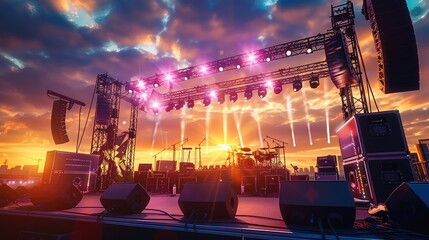 Poster - An elaborate stage setup for a summer music festival, featuring LED lights and state-of-the-art sound equipment, with a sunset sky background.