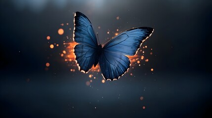 Leinwandbilder - Glowing blue air butterfly with luminous wings floating delicately in a fiery aura and soft light against a dark mysterious backdrop creating a captivating and otherworldly scene