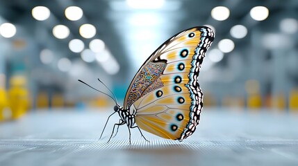 Leinwandbilder - Captivating close up of a big beautiful multicolored butterfly with intricate Thai inspired patterns on its wings set against a striking futuristic sci fi backdrop