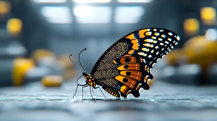 Fototapete - Captivating close up of a large beautiful butterfly with intricate Thai inspired patterns on its wings set against a futuristic sci fi inspired backdrop