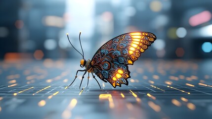 Leinwandbilder - Ornate multicolored butterfly with Thai inspired wing design glowing softly in a futuristic sci fi world close up view showcasing the intricate details and vibrant colors of this enchanting insect