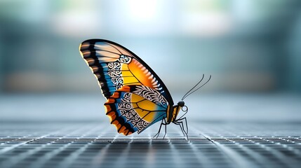 Poster - Vibrant Multicolored Butterfly with Elegant Thai Patterns on Futuristic Backdrop   Sci Fi Concept Featuring Close Up of Striking Insect Against Surreal Digital Landscape