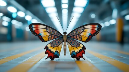 Leinwandbilder - Stunning close up of a large beautiful butterfly with vibrant colorful wings featuring intricate traditional Thai inspired patterns set against a high tech futuristic sci fi backdrop