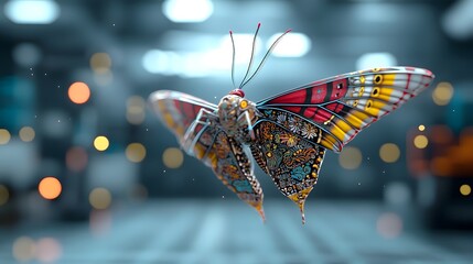 Poster - Captivating close up of a beautiful multicolored butterfly with intricate Thai inspired patterns hovering gracefully in a sci fi inspired environment filled with glowing ethereal details