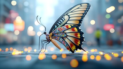 Leinwandbilder - Close up of a large vibrant and intricately patterned multicolored butterfly with Thai inspired designs on its wings set against a glowing