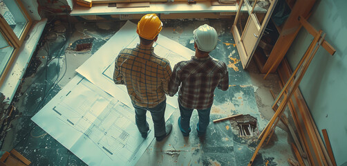 Fototapete - Architects examine blueprint and plan renovation of room. Discussing engineering floor plans.