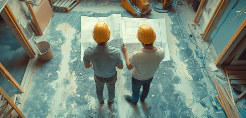 Fototapete - Architects examine blueprint and plan renovation of room. Discussing engineering floor plans.