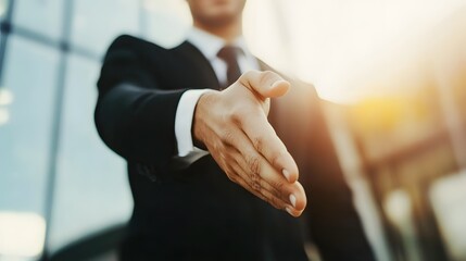 Businessman offers a handshake outside modern office building.