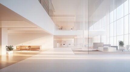 Poster - Abstract blurred open space office with bright light bokeh, modern minimalist design, offering an inviting, spacious atmosphere for creative work