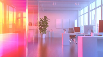 Poster - Abstract blurred open space office with bright light bokeh, modern minimalist design, offering an inviting, spacious atmosphere for creative work