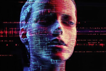 Poster - A human face is intricately woven with lines of code and digital hues, representing the intimate dance between human emotion and technological artistry.