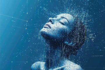 Poster - A graceful face dissolves into a digital particle field, a symphony of technology and ethereal beauty, capturing the essence of identity in cyberspace.