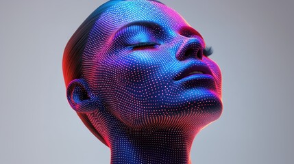 Poster - A female face depicted in vibrant blue and pink colors with dot patterns, creating an avant-garde futuristic visual that explores individuality and technology.