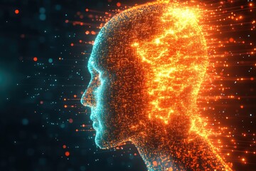 Poster - The image depicts a digital silhouette made of glowing orange and blue particles with a data stream emanating from the head, symbolizing technology and human mind.