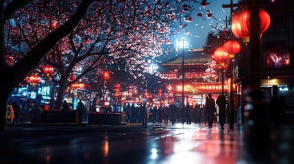 Lunar New Year street scene with cherry blossoms and lights.