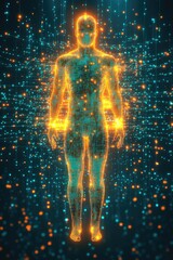 Poster - A futuristic digital human silhouette with glowing particles and light beams, representing technology, innovation, and the convergence of digital and human realms.