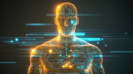 Poster - A modern cybernetic human surrounded by digital light streams, illustrating the fusion of human characteristics and technology in today's rapidly evolving landscape.