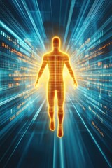 Poster - A full-body human figure defined by digital code, glowing intensely, striding through a stream of data, symbolizing the intersection of humanity and technology.