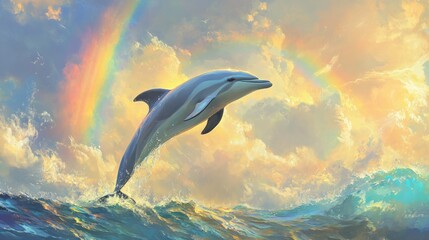 Poster - A dolphin soars out of the water, with a brilliant rainbow providing a colorful backdrop against a bright sky