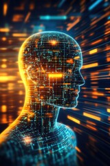 Poster - A side profile of a human head showcasing digital matrix patterns with glowing elements, representing modern technology and digital evolution in an abstract form.