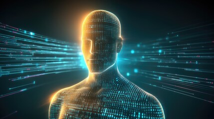 Poster - A figure partly illuminated, rendered digitally, is encircled by glowing rays symbolizing digital transformation and the evolution of modern technology.