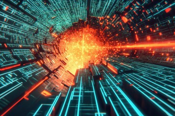 Poster - A mesmerizing digital landscape featuring a glowing orange core surrounded by intricate blue grid-like structures, evoking a sense of a high-tech future realm.