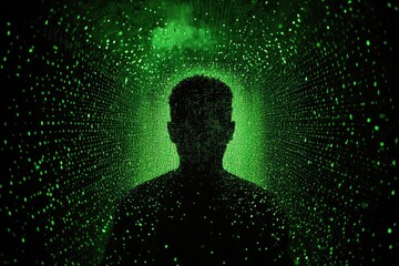 Poster - A mysterious human silhouette stands against a backdrop of glowing green matrix-like digital patterns, evoking themes of anonymity and virtual existence.