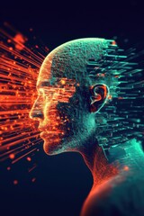 Poster - A striking side view digital portrait with horizontal motion lines blending blue and red elements to symbolize dynamic technological progress and reflection.