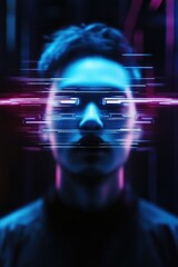 Poster - An abstract cyber portrait with pink and blue lights, illustrating the blend of digital identity and modern artistic concepts in a pixelated visual style.