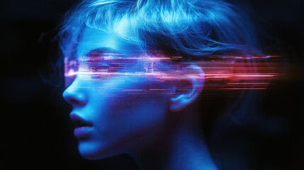 Poster - This artwork showcases a woman's face with digital glitch effects, using cool blue hues, representing the intersection of technology and human identity.