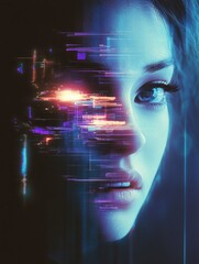 Poster - A woman's face is partially overlaid with a digital, fragmented interface incorporating glowing lights, symbolizing the fusion of human and technology in a cyberpunk aesthetic.