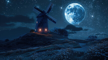 Poster - A windmill on a hill with illuminated windows, it is night with a beautiful full moon, and milky way.