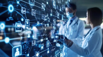 global medical communication represented by doctors connected through digital icons, highlighting in