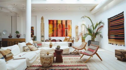 Poster - A cultural fusion living room design with a white canvas backdrop, Furnished with minimalist furniture arrangements, Cultural fusion minimalist style