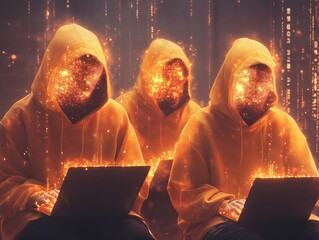 Poster - Three figures in hoodies, illuminated by digital sparks, working on laptops amidst a matrix of binary code.