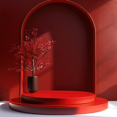 Aufkleber - Red background, red podium, Chinese New Year atmosphere, minimalist style, light and shadow, bright colors, high saturation, product display platform.