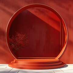 Aufkleber - Red background, red podium, Chinese New Year atmosphere, minimalist style, light and shadow, bright colors, high saturation, product display platform.