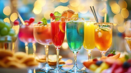 Aufkleber - A variety of colorful cocktails are beautifully arranged on a table alongside delicious snacks and fresh fruit slices during an evening celebration. Generative AI