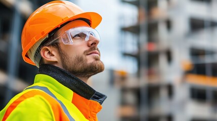 Fototapete - A construction worker wearing a hard hat and safety glasses is focused on the ongoing work at an active construction site. Generative AI