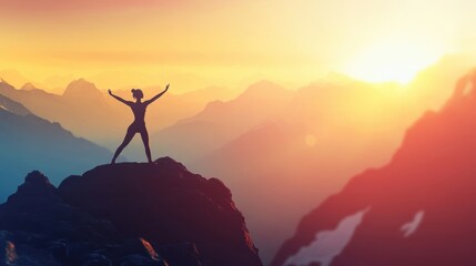 Empowered woman celebrating on mountain peak at sunrise