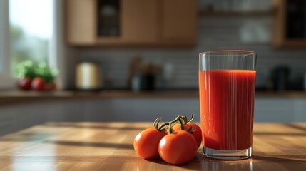 A glass of tomato juice and tomatoes on a wooden table against a kitchen background with space for text 