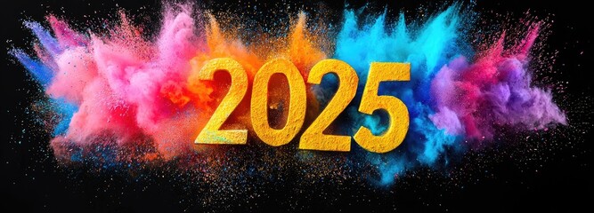 Colorful powder explosion with vibrant text 2025 for New Year.