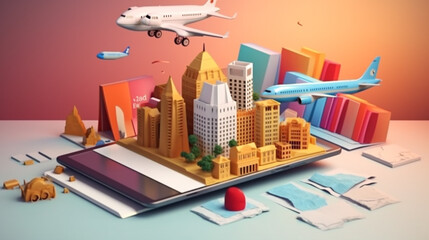 Poster - Travel Booking App with Airplane Hot Air Balloon Map and City Skyline  Travel Booking App with Airplane Hot Air Balloon Map and City Skyline
3D visualisation of cloud computing  
