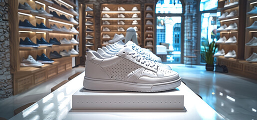 Poster - A modern, casual shoe store interior with a central shoe display stand showcasing a variety of stylish sneakers and casual shoes.