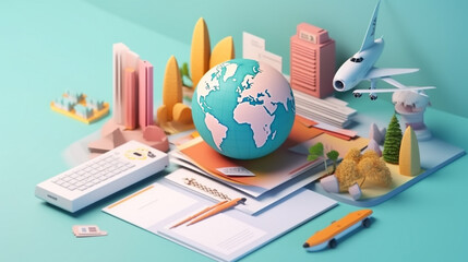 Poster - Multi exposure. Concept of international markets.  Financial chart drawing and table with computer on background  